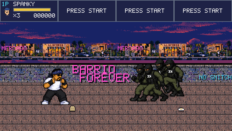 Cholos in Time — Spanky squares up against a squad of goons under a Barrio Forever mural