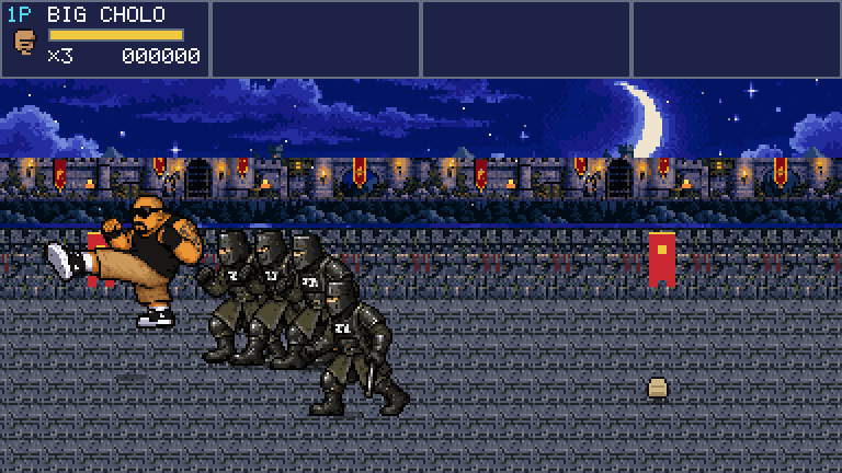 Cholos in Time — Big Cholo flying-kicks a squad of armored goons outside a moonlit castle