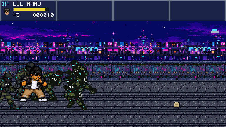 Lil Mano surrounded in a neon future city