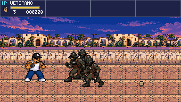Veterano squares up against three helmeted goons in front of a mission